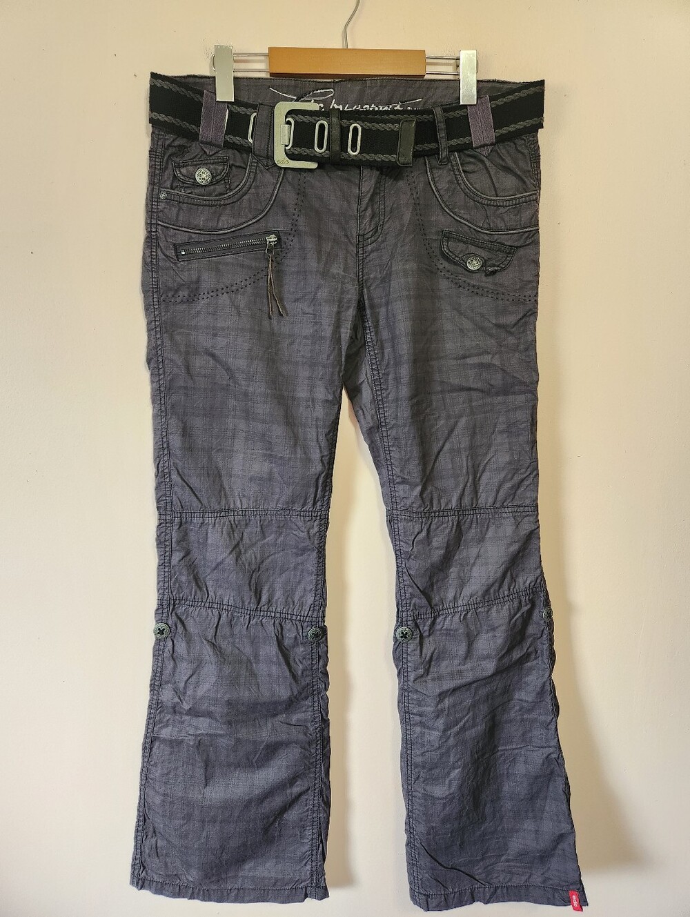 Vintage Y2K EDC by Esprit PLAY Charcoal Plaid Utility Cargo Pants Belted Sz 10